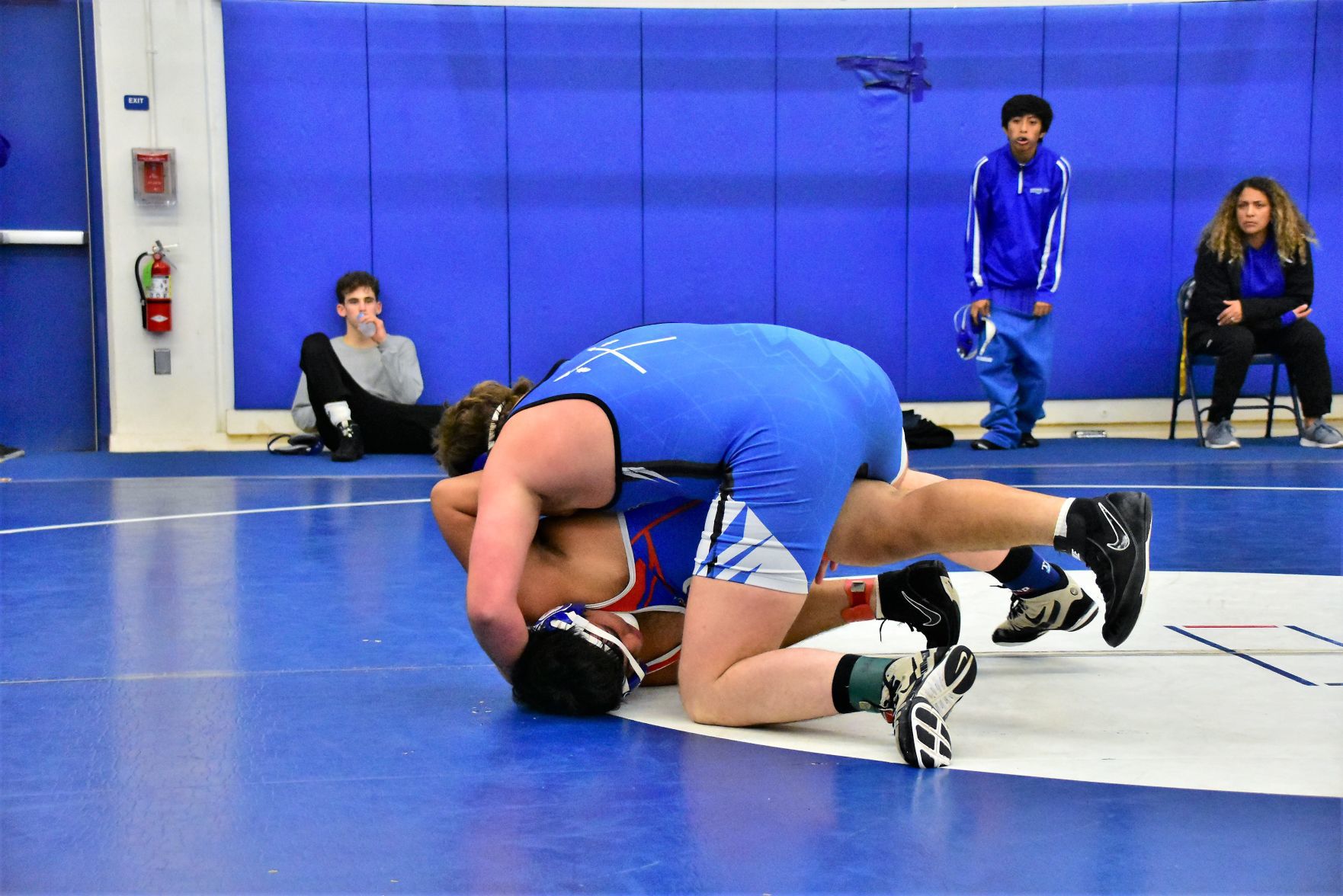 Lompoc's Corben Hayes (Top) works to control San Marcos' Emmanuel Munoz